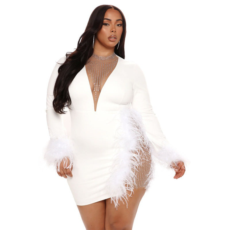 white plus size feather dress