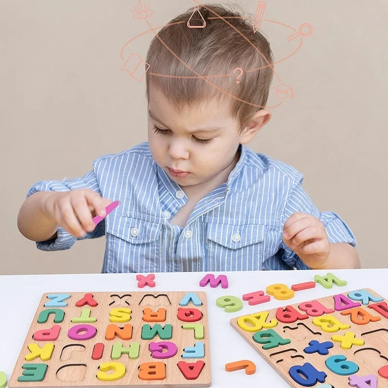 Wooden Puzzle Alphabet Number Shape Matching Board Baby Early Learning 3D Puzzle Preschool Educational Toys For Children - Merchantsy 