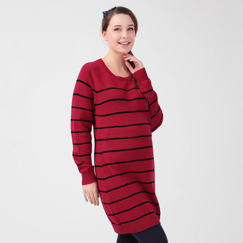 Red striped casual dress for winter 